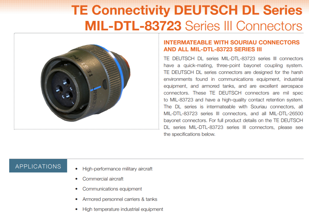 TE Connectivity DEUTSCH DL系列-MIL-DTL-83723/ESC10系列III连接器