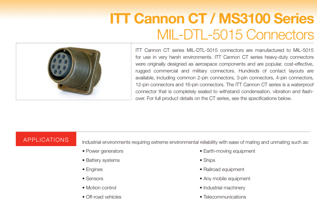 ITT Cannon CT系列-MIL-DTL-5015连接器-宇航连接器